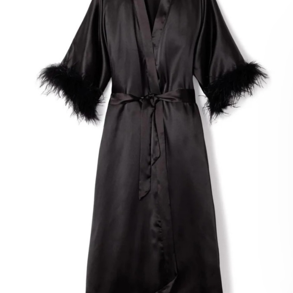 Petite Plume Elegant Black Silk Robe with Feather Trim